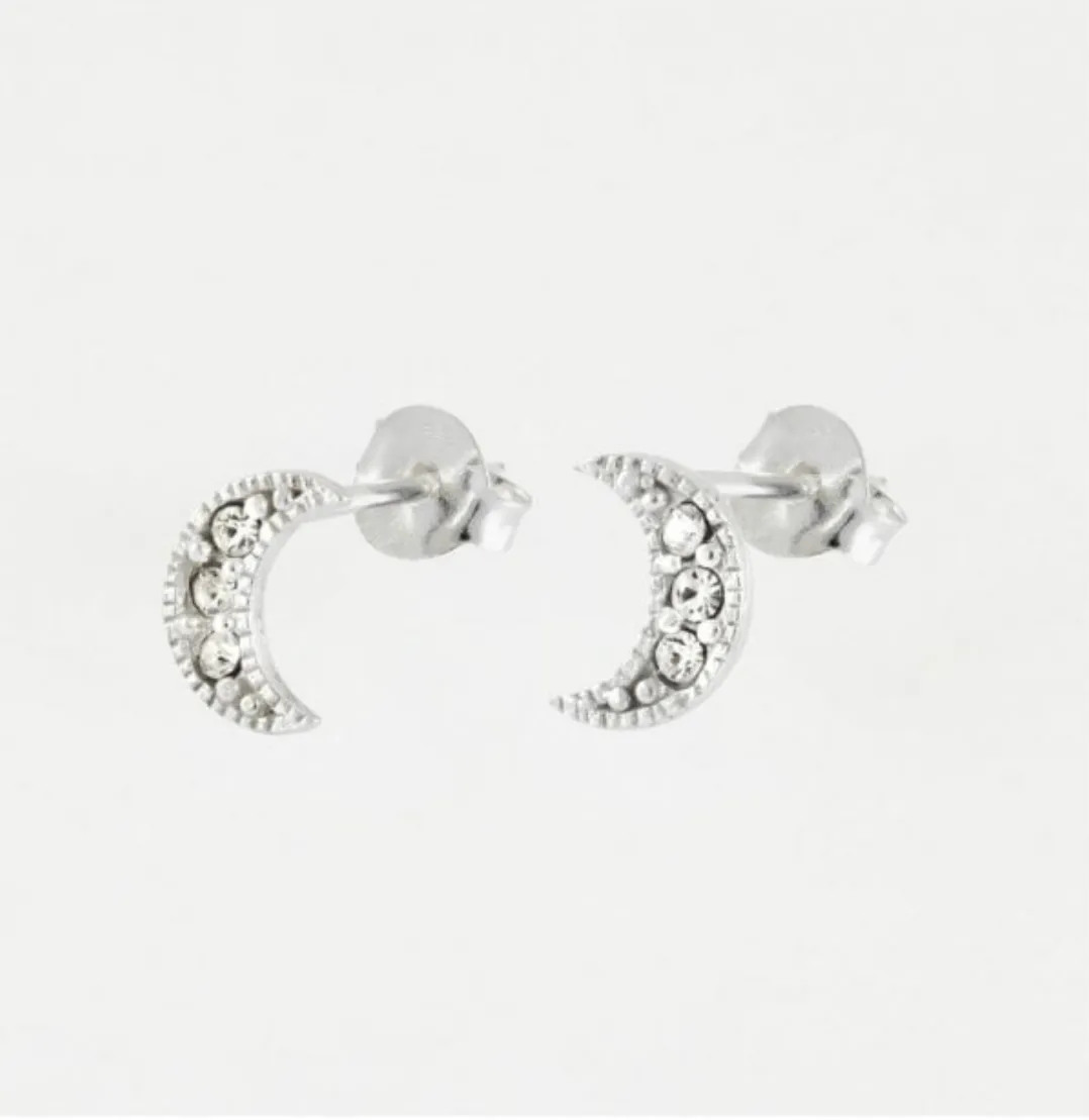 Silver Crescent Moon Crystal Ear Stud - Elegant and Unique Jewelry for a Stylish Touch