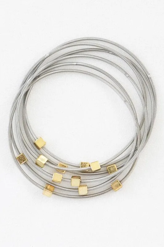 Silver Geo Square Silver Guitar String Bracelet Set