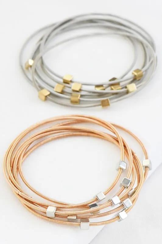 Silver Geo Square Silver Guitar String Bracelet Set