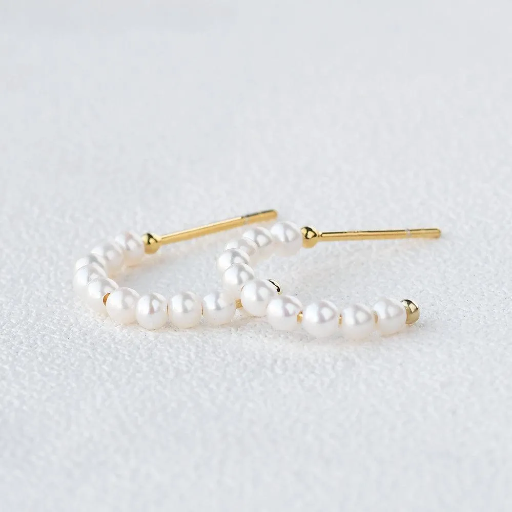 Solid Gold Simple Pearl Huggie Hoops Earrings
