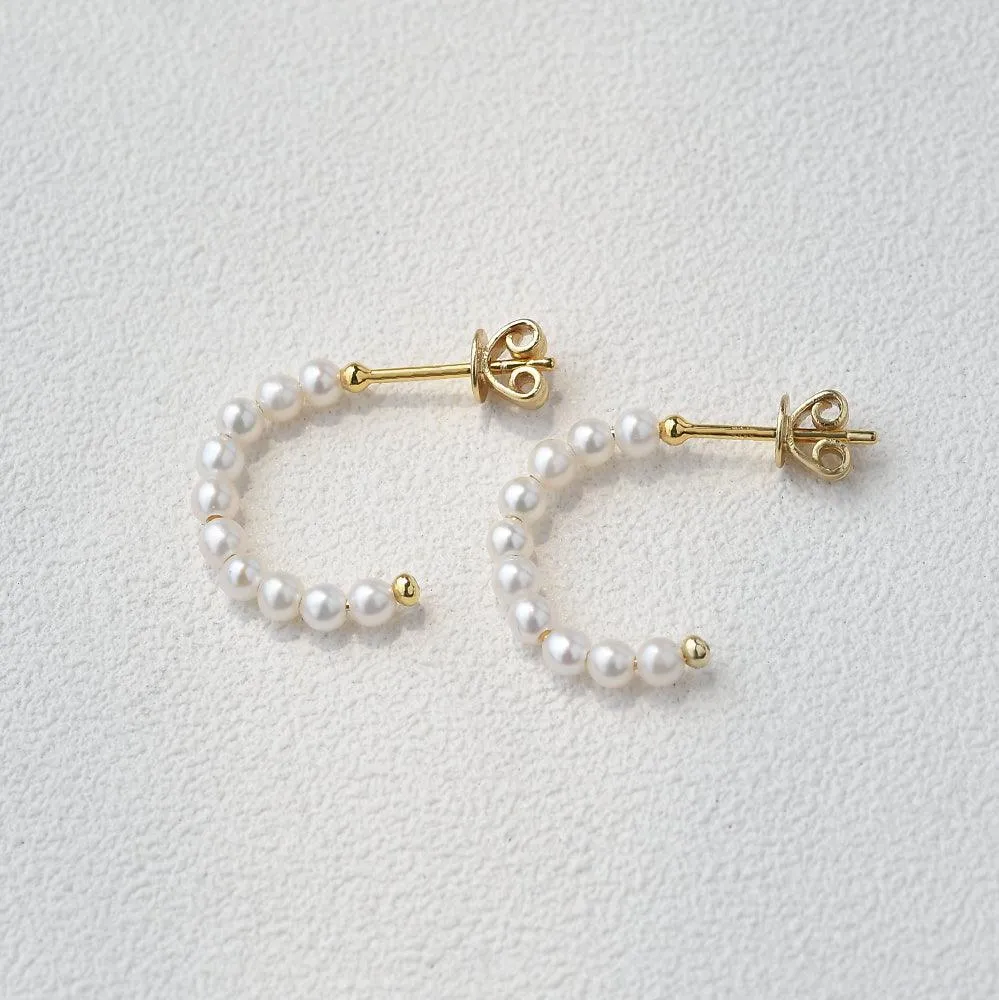 Solid Gold Simple Pearl Huggie Hoops Earrings