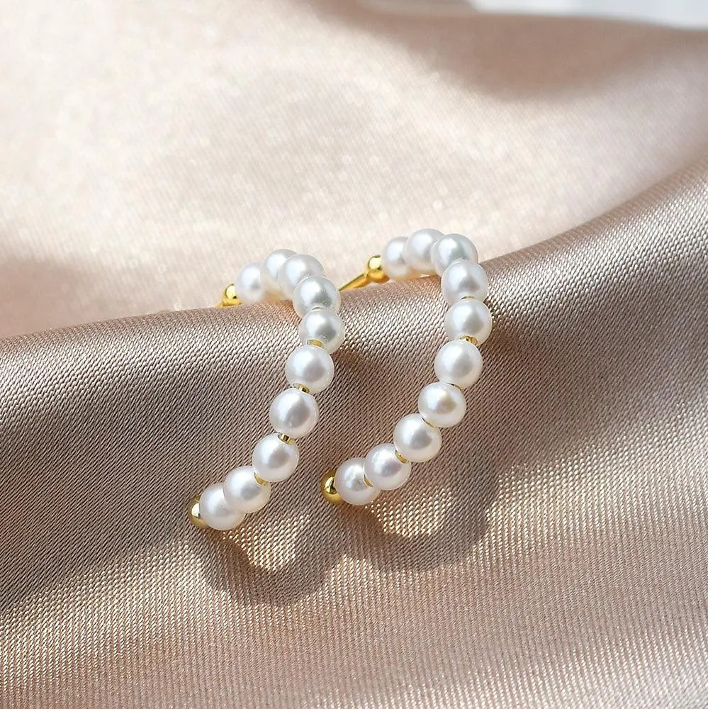 Solid Gold Simple Pearl Huggie Hoops Earrings