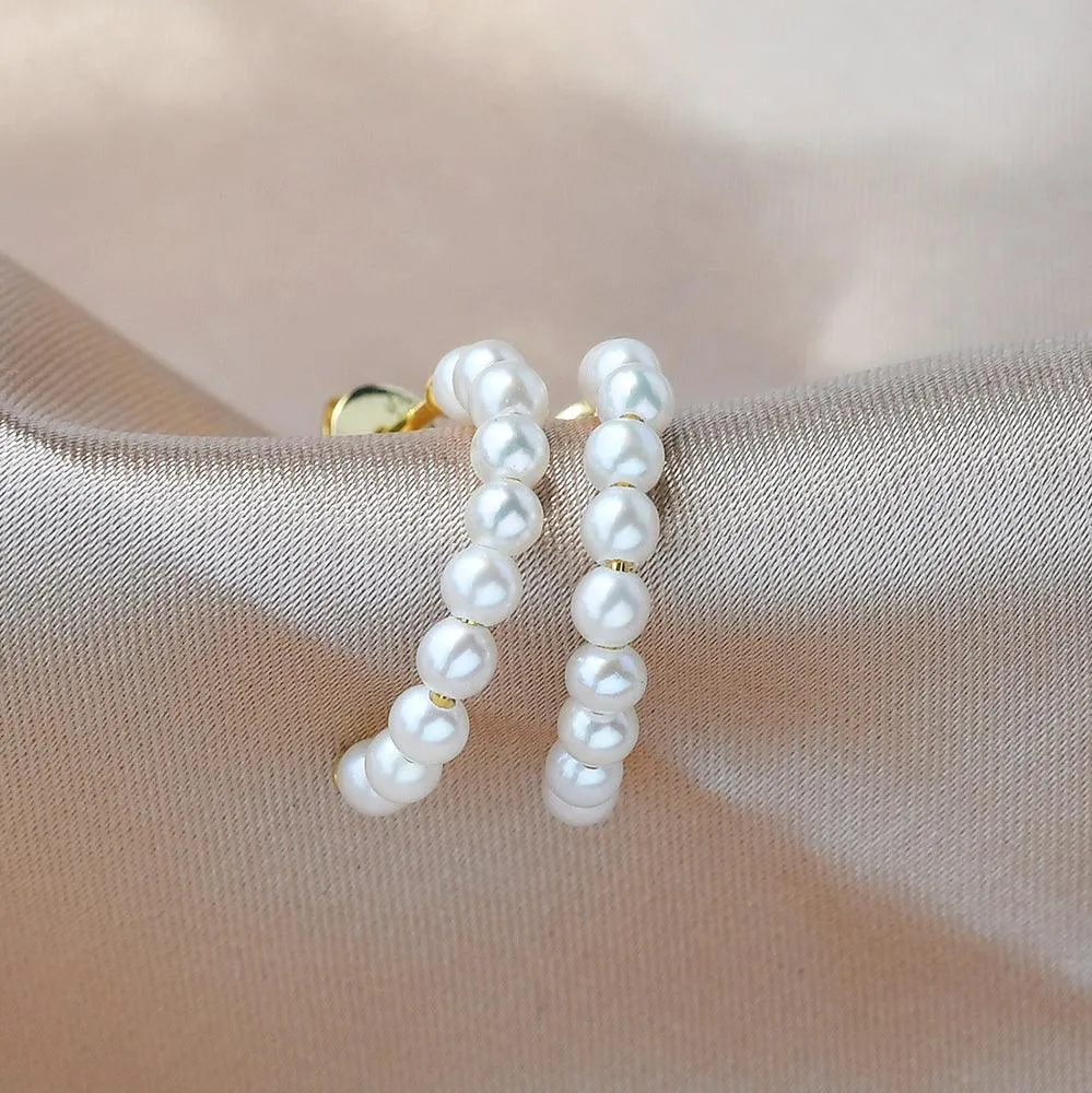 Solid Gold Simple Pearl Huggie Hoops Earrings