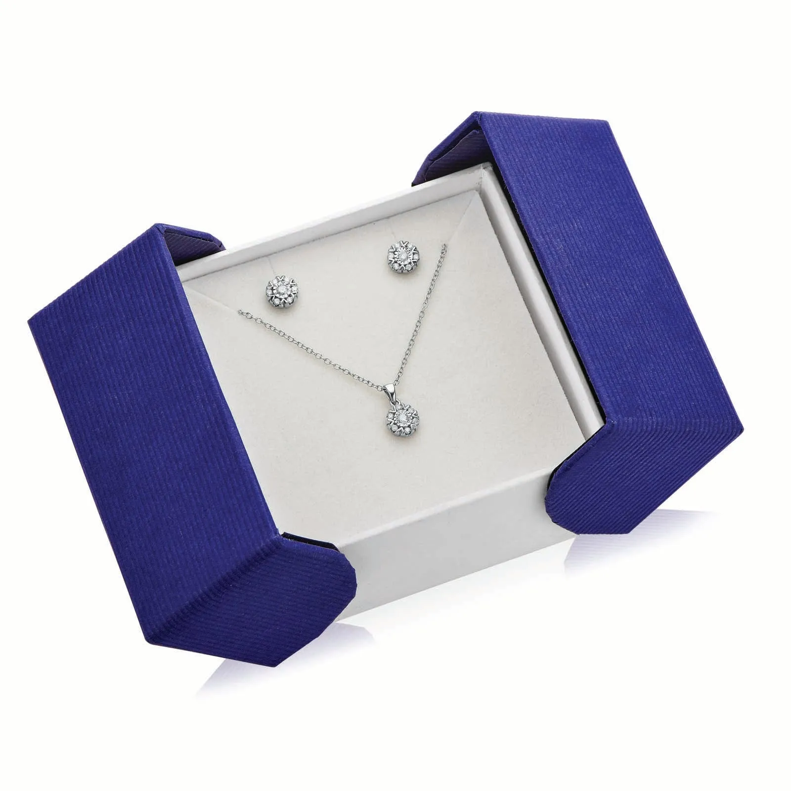 Sterling Silver 0.25 ctw Diamond Pendant and Studs Box Set