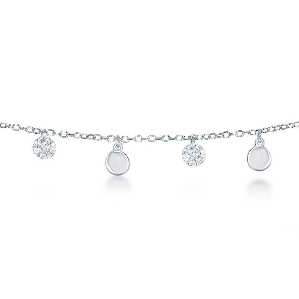 Sterling Silver Alternating Cubic Zirconia and Shiny Disc Anklet