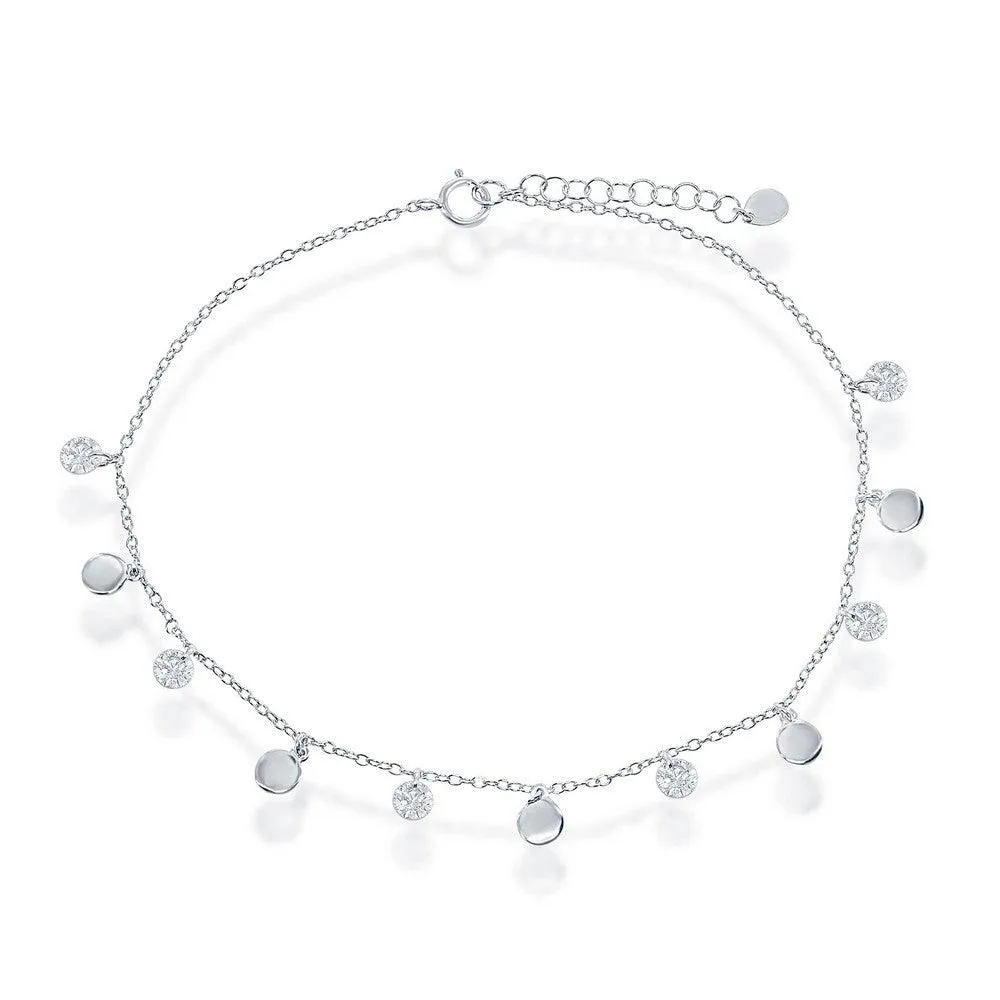 Sterling Silver Alternating Cubic Zirconia and Shiny Disc Anklet