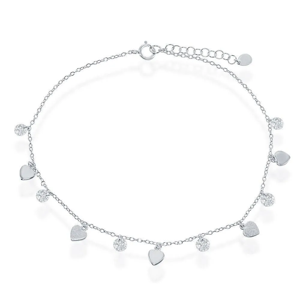 Sterling Silver Cubic Zirconia with Shiny and Matte Hearts Anklet