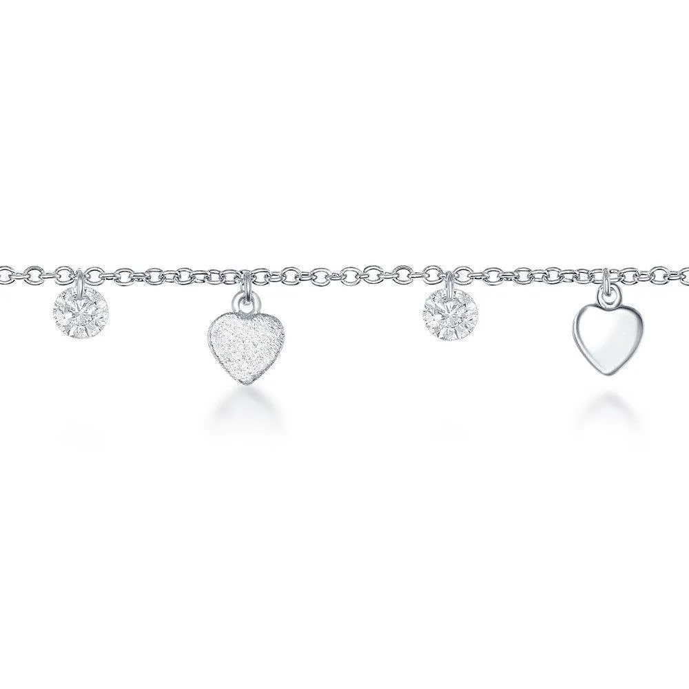 Sterling Silver Cubic Zirconia with Shiny and Matte Hearts Anklet