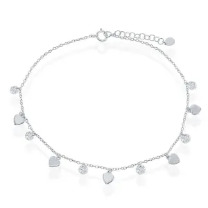 Sterling Silver Cubic Zirconia with Shiny and Matte Hearts Anklet