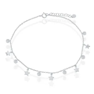 Sterling Silver Cubic Zirconia with Shiny and Matte Stars Anklet