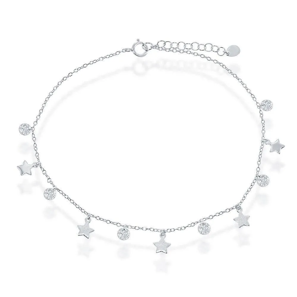 Sterling Silver Cubic Zirconia with Shiny and Matte Stars Anklet