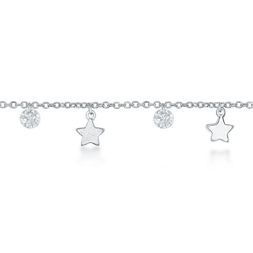 Sterling Silver Cubic Zirconia with Shiny and Matte Stars Anklet