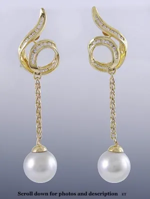Stunning Modern Pair 18K ~.50ct Diamond & Pearl Dangle Earrings