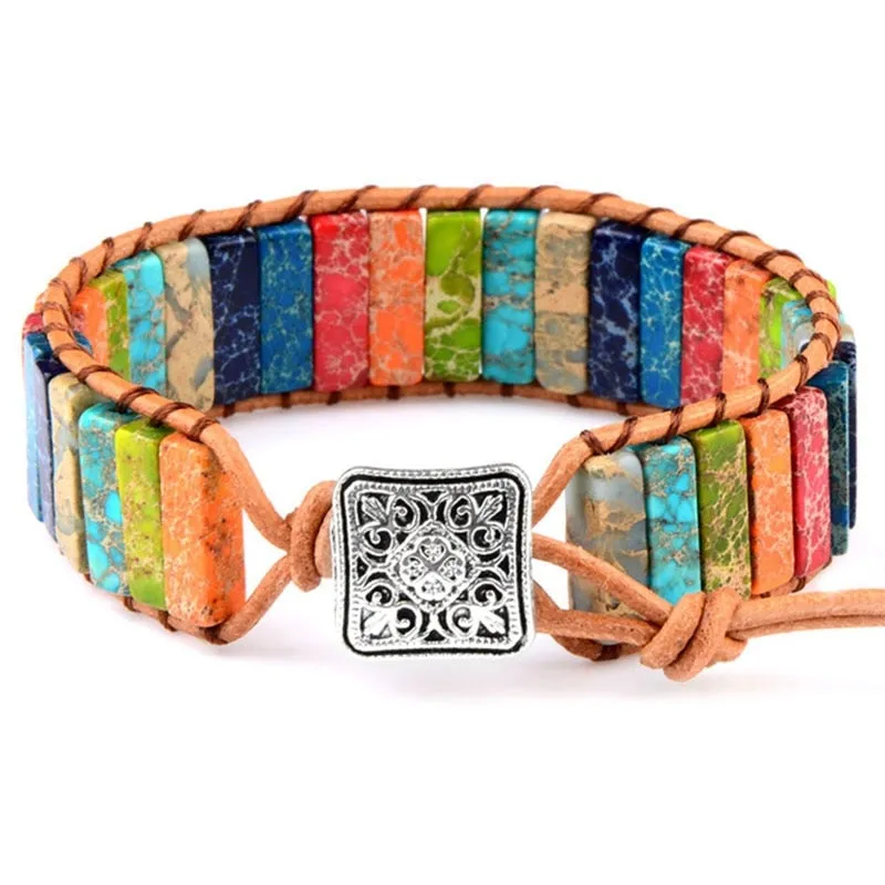 Stylish Multicolor Natural Gem Leather Tibetan Gypsy Adjustable Bracelet Bead Leather Wrap Bracelet Jewelry Collection