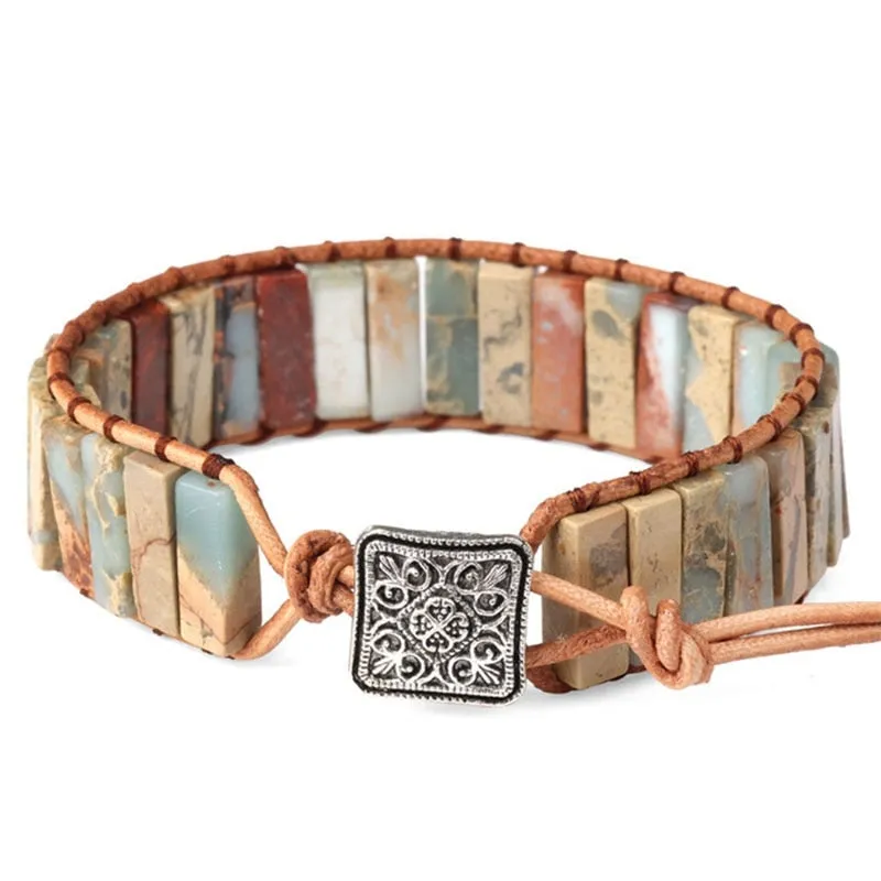 Stylish Multicolor Natural Gem Leather Tibetan Gypsy Adjustable Bracelet Bead Leather Wrap Bracelet Jewelry Collection