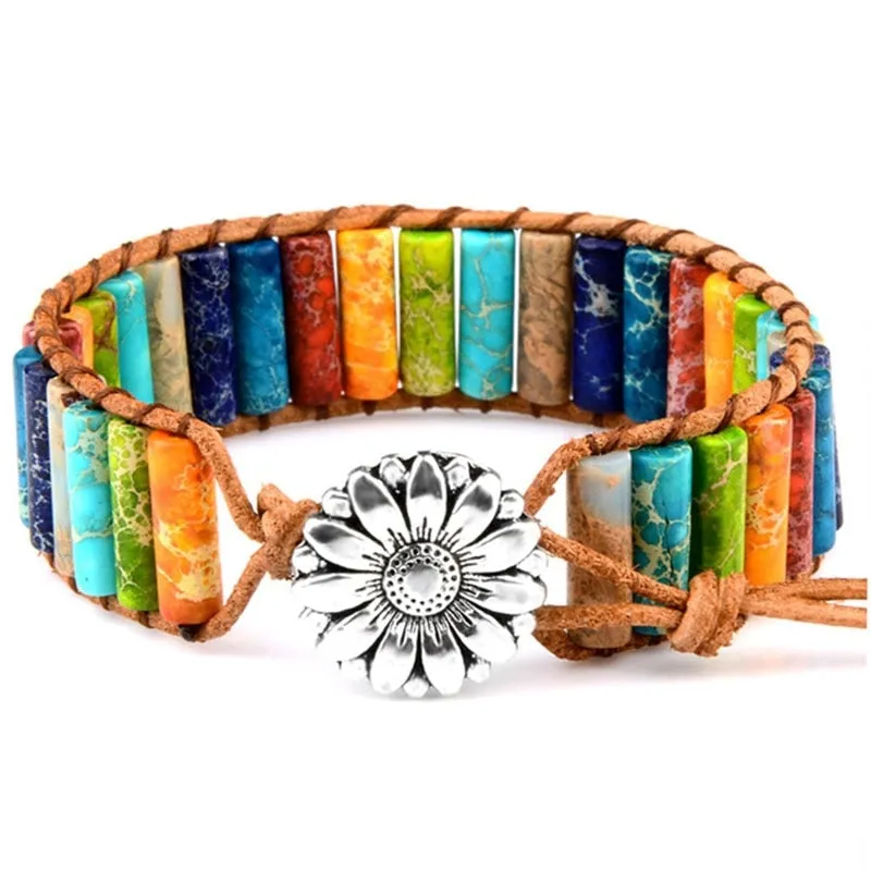 Stylish Multicolor Natural Gem Leather Tibetan Gypsy Adjustable Bracelet Bead Leather Wrap Bracelet Jewelry Collection