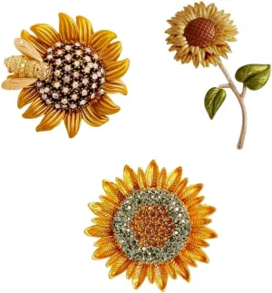 Sunflower Brooch Pins Set Rhinestone Crystal Flower Bee Lapel Pin Shining Elegant Vintage Gold Yellow Pin Ladies Brooch