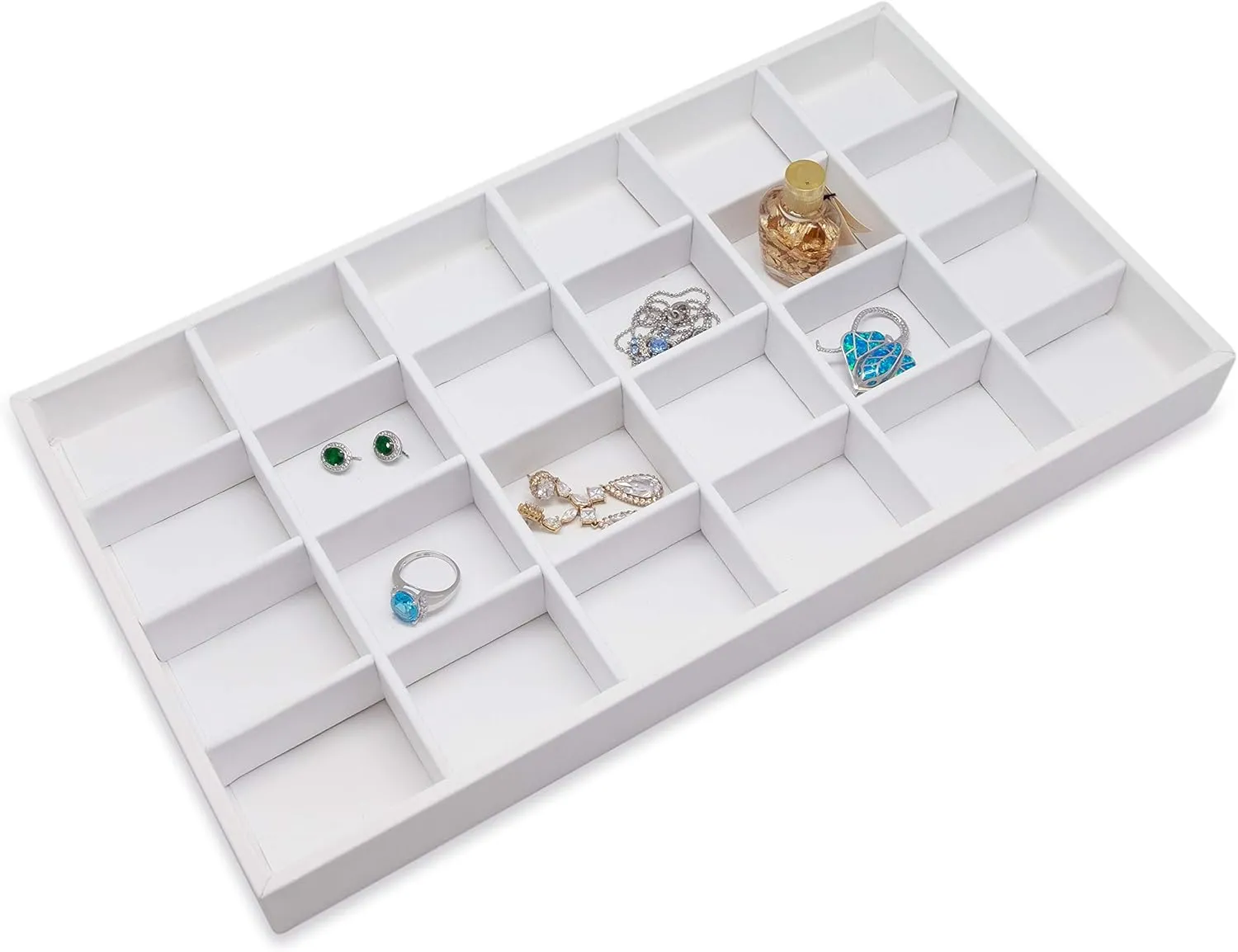The Display Guys - Stackable Jewelry Tray and Organizer - for Drawers, Dressers, Store Display (24 Compartments, White Leatherette)