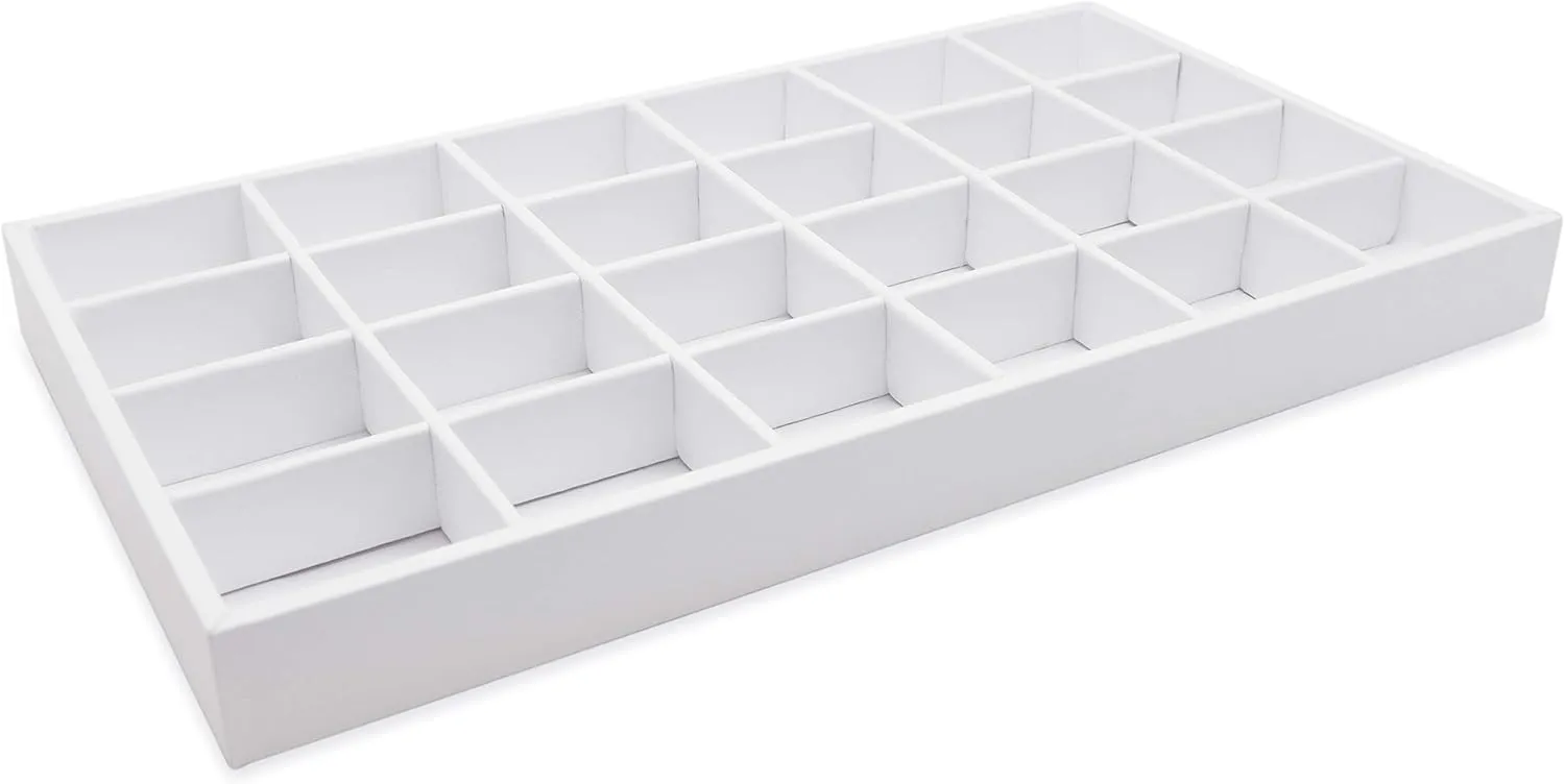 The Display Guys - Stackable Jewelry Tray and Organizer - for Drawers, Dressers, Store Display (24 Compartments, White Leatherette)