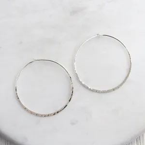 Thin 50mm Sterling Silver Hammered Hoop