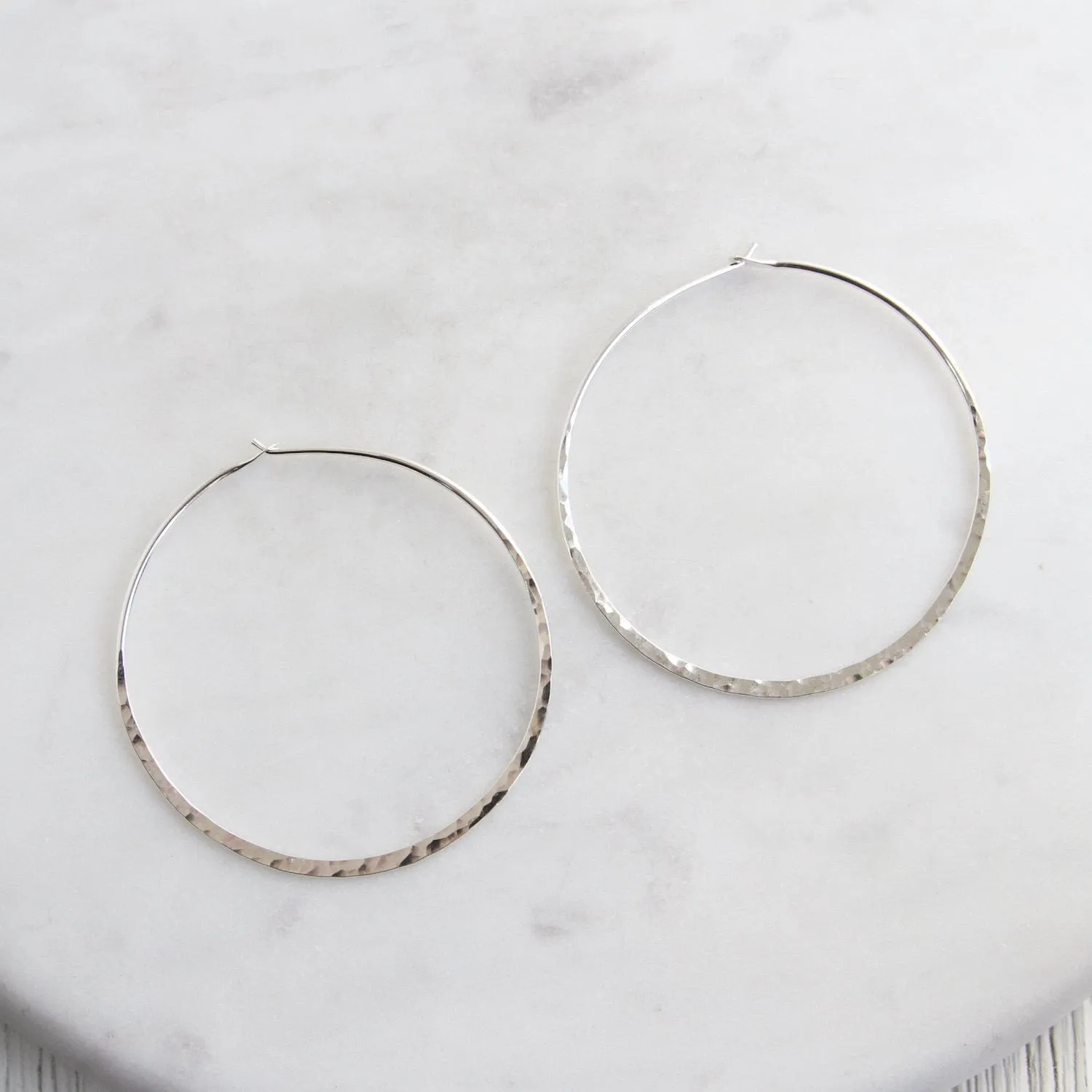 Thin 50mm Sterling Silver Hammered Hoop