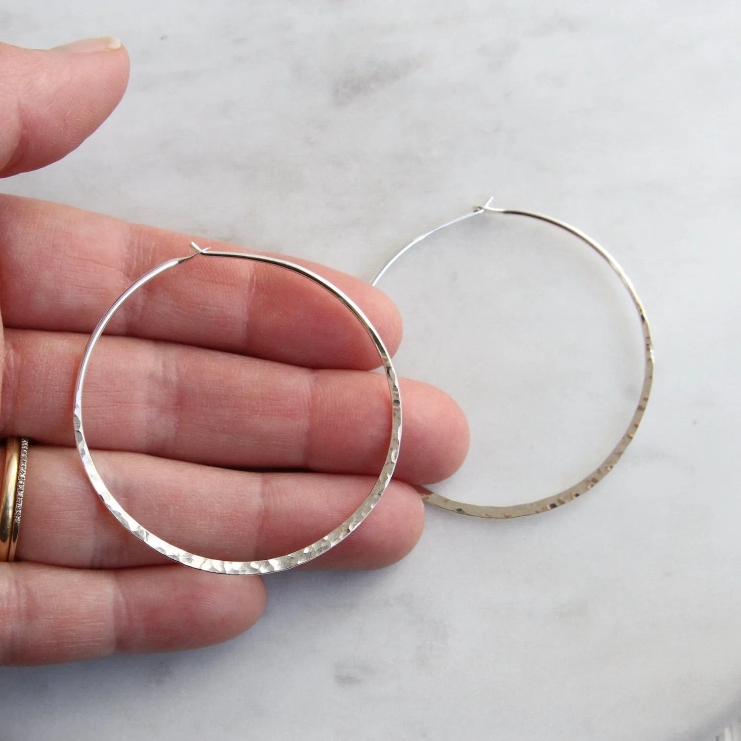 Thin 50mm Sterling Silver Hammered Hoop