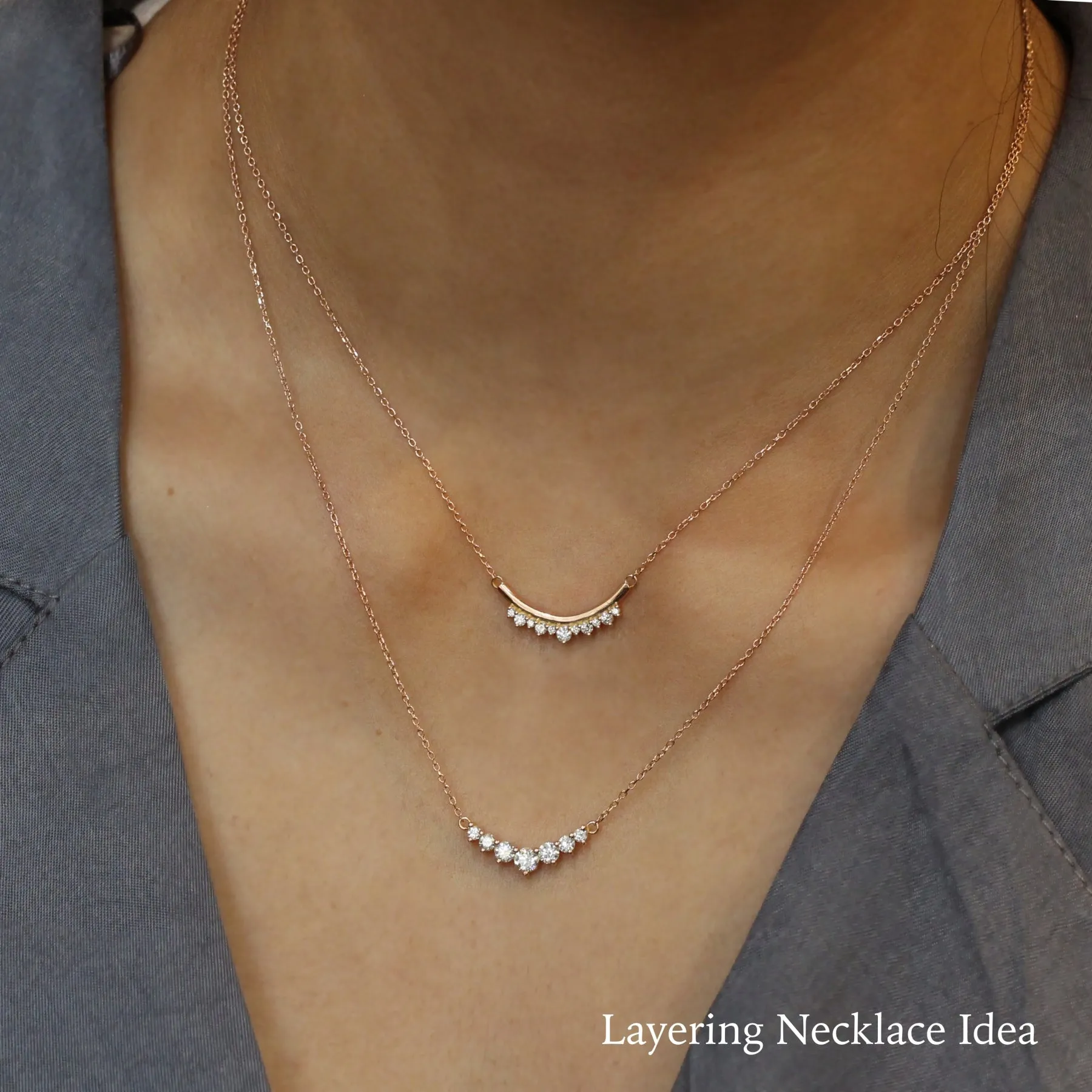 U Shaped White Diamond Necklace in 14k Gold Curved Crown Pendant