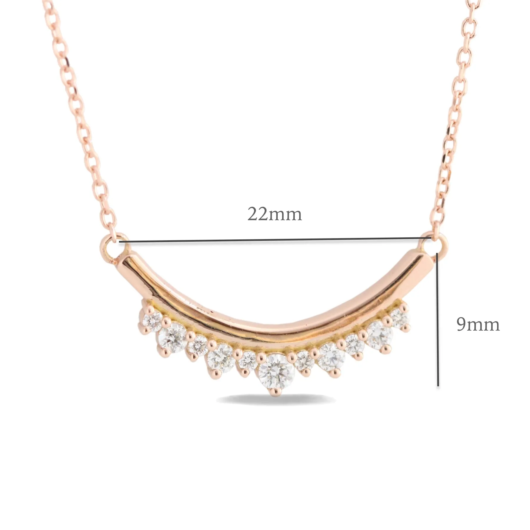 U Shaped White Diamond Necklace in 14k Gold Curved Crown Pendant
