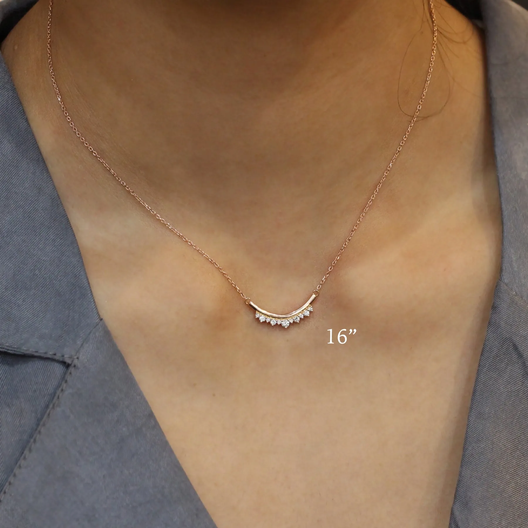 U Shaped White Diamond Necklace in 14k Gold Curved Crown Pendant