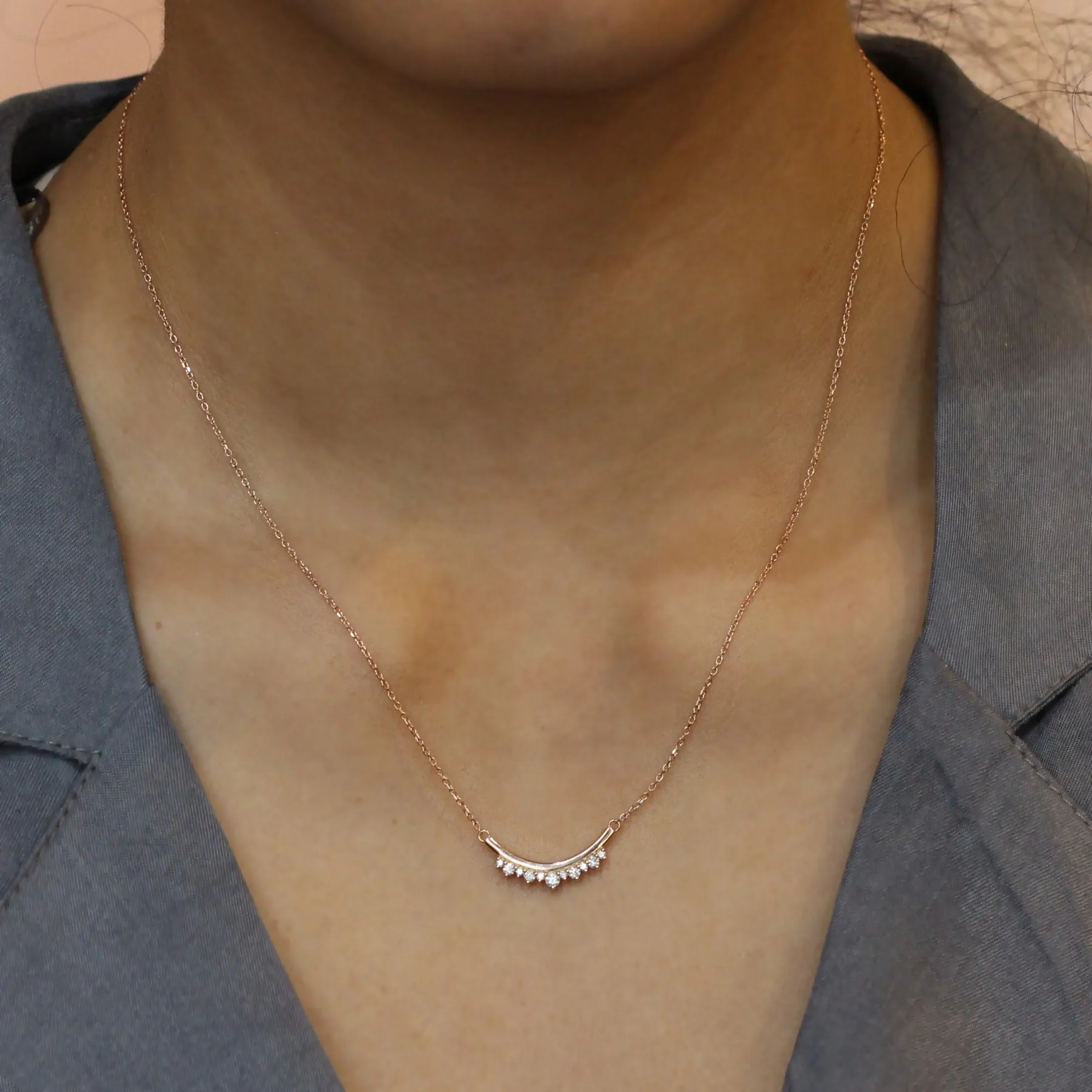 U Shaped White Diamond Necklace in 14k Gold Curved Crown Pendant