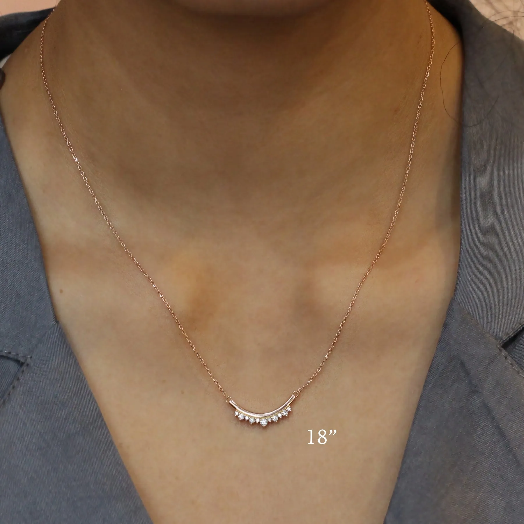 U Shaped White Diamond Necklace in 14k Gold Curved Crown Pendant
