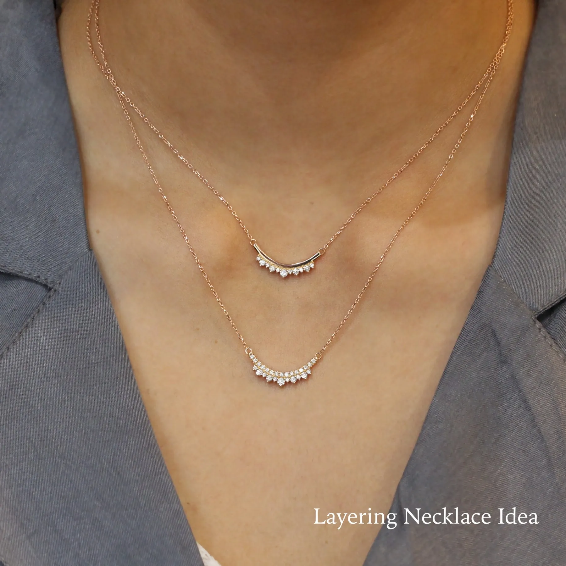 U Shaped White Diamond Necklace in 14k Gold Curved Crown Pendant