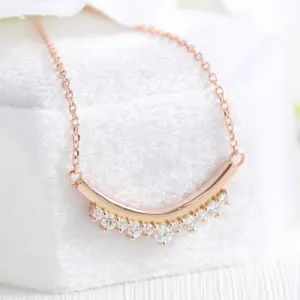 U Shaped White Diamond Necklace in 14k Gold Curved Crown Pendant