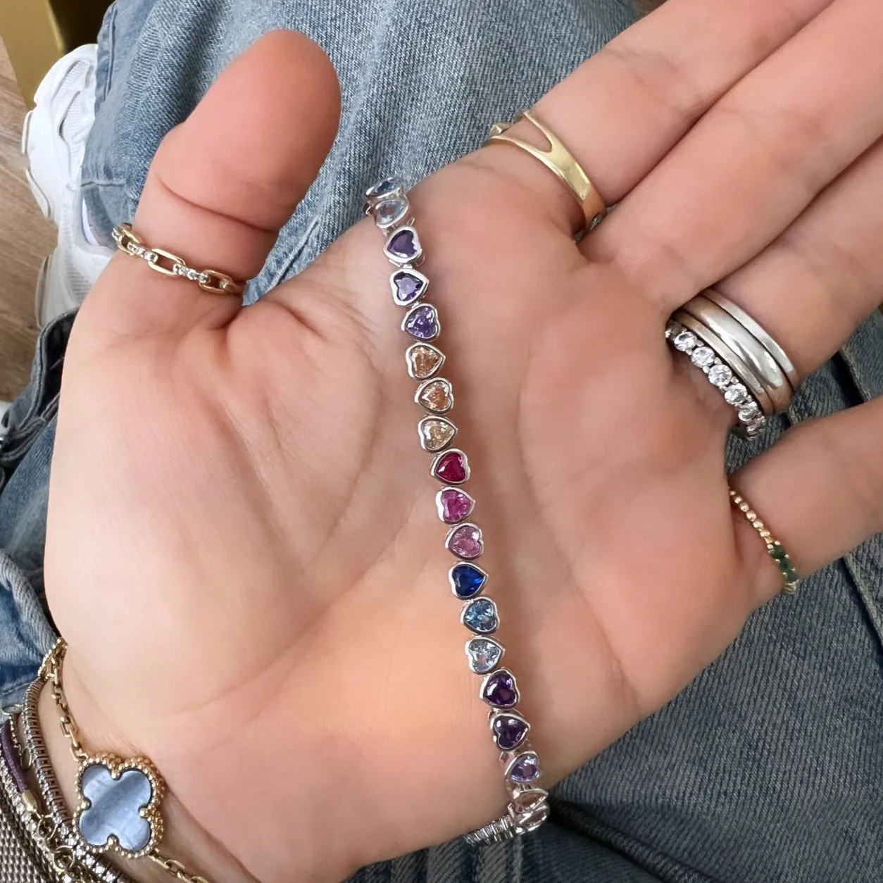 Up & Down Rainbow Bezel Heart Tennis Bracelet
