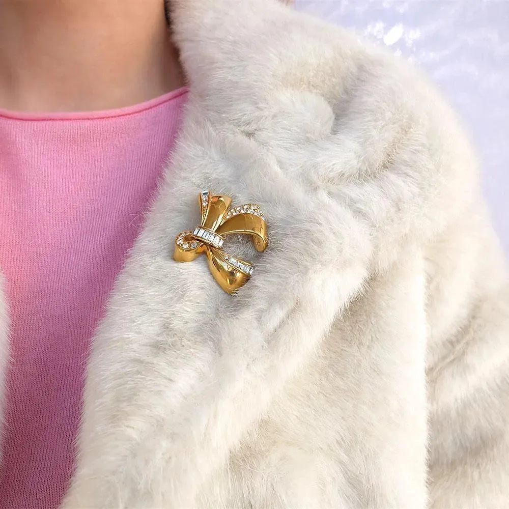 Vintage 1960s Gold & Diamante Bow Brooch