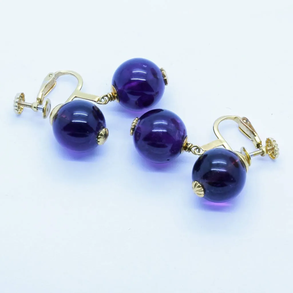 Vintage Mid-Century Modern Earrings 14k Gold Amethyst Deep Purple Drops (6521)