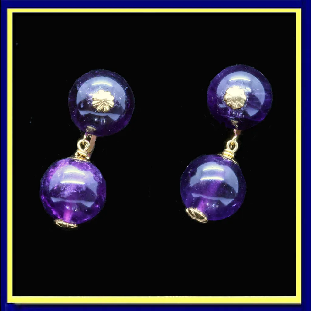 Vintage Mid-Century Modern Earrings 14k Gold Amethyst Deep Purple Drops (6521)