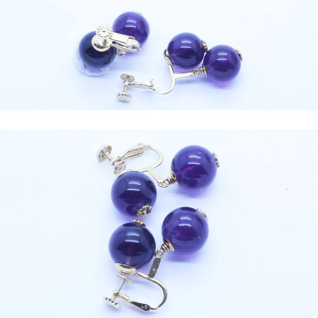 Vintage Mid-Century Modern Earrings 14k Gold Amethyst Deep Purple Drops (6521)