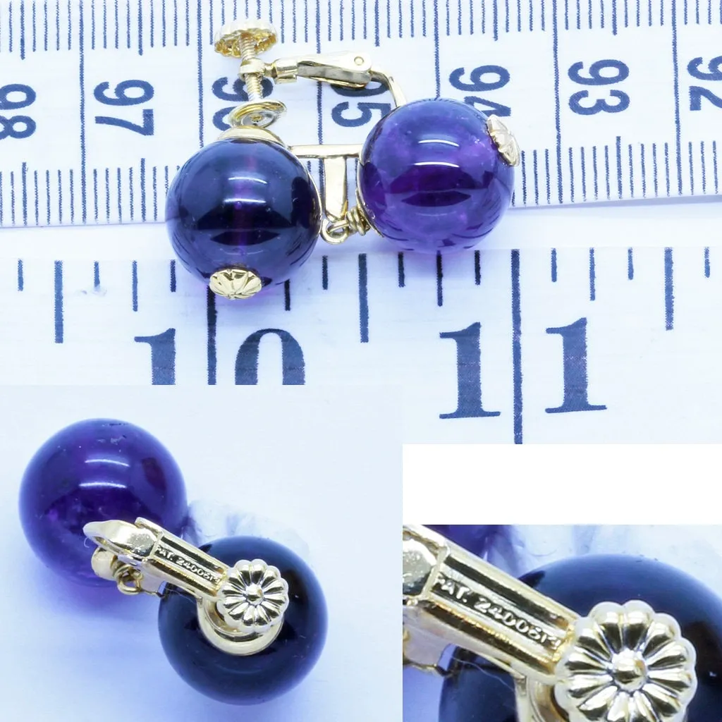 Vintage Mid-Century Modern Earrings 14k Gold Amethyst Deep Purple Drops (6521)