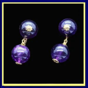 Vintage Mid-Century Modern Earrings 14k Gold Amethyst Deep Purple Drops (6521)