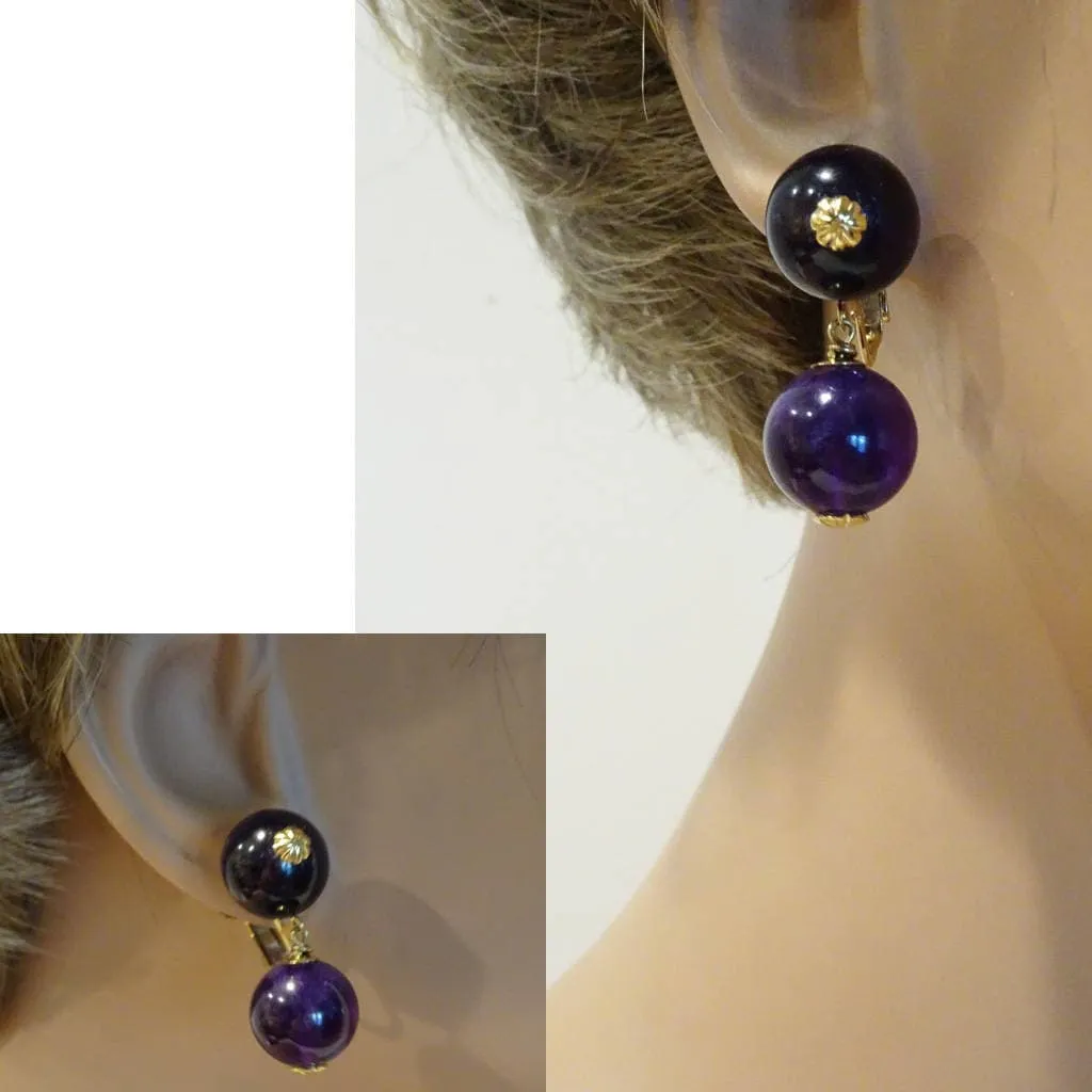 Vintage Mid-Century Modern Earrings 14k Gold Amethyst Deep Purple Drops (6521)