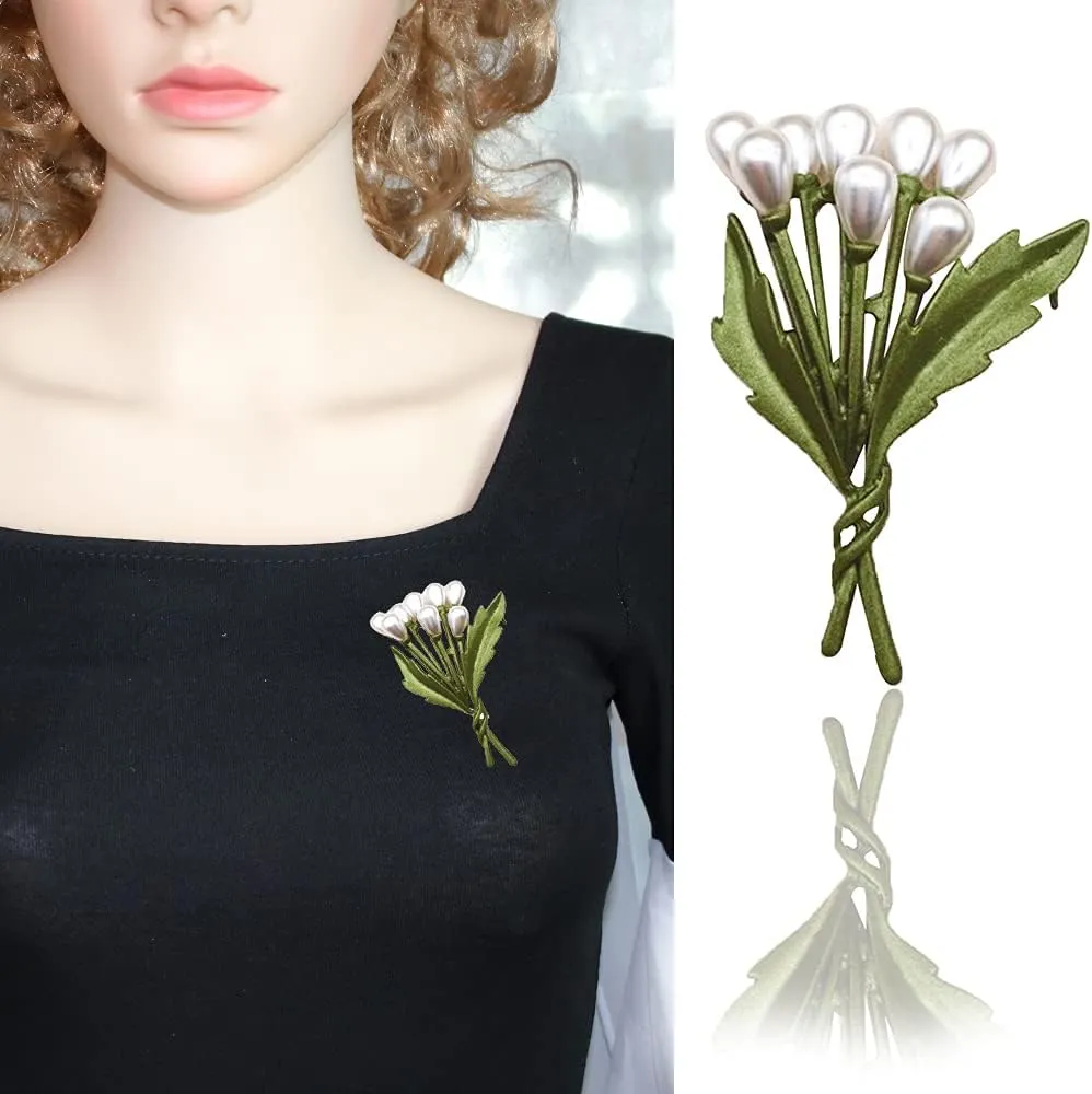 Vintage Pearl Leaves Brooches Green Enamel Paint Plant Flowers Statement Brooch Pins Fashion Jewelry Accessories for Women Girl Gift