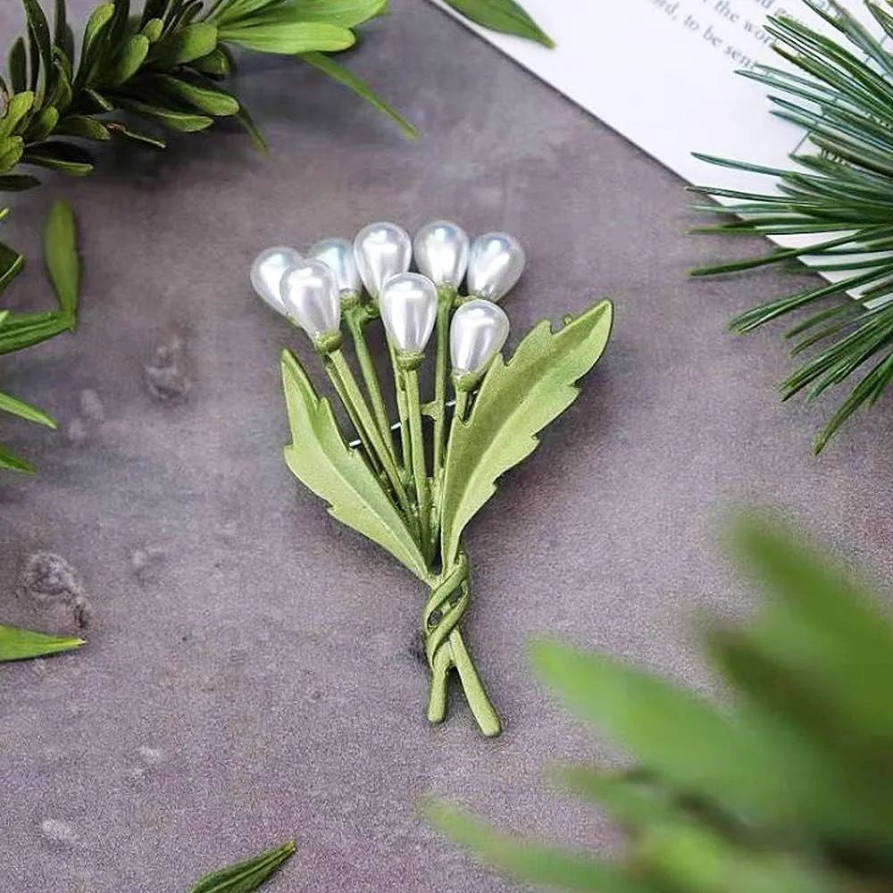 Vintage Pearl Leaves Brooches Green Enamel Paint Plant Flowers Statement Brooch Pins Fashion Jewelry Accessories for Women Girl Gift