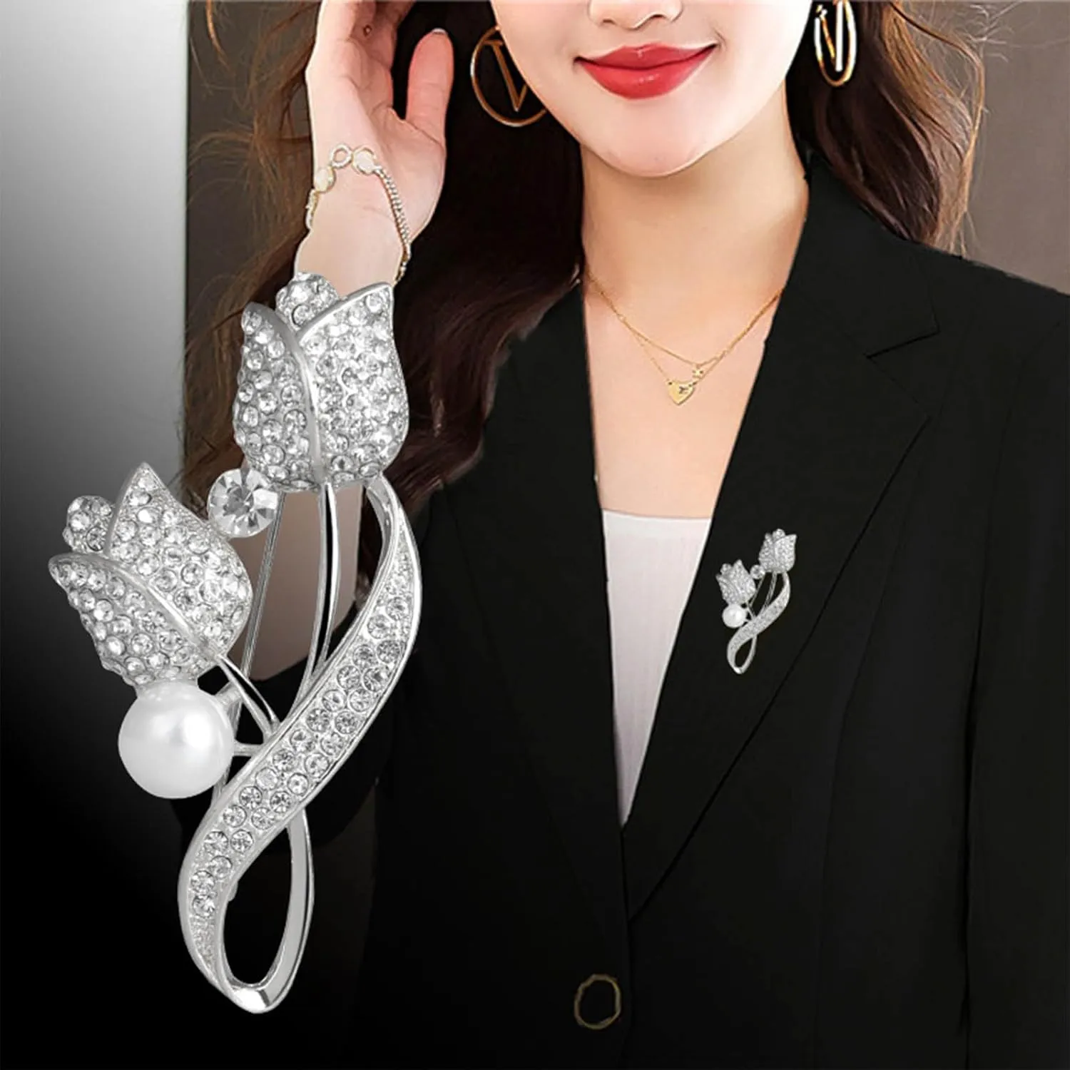 Vintage Tulip Flower Brooch Pin Gold Crystal Tulip Brooches Lapel Pin Rhinestone Tulip Brooch Pins Pearl Flower Suit Brooch Pin Jewelry for Women