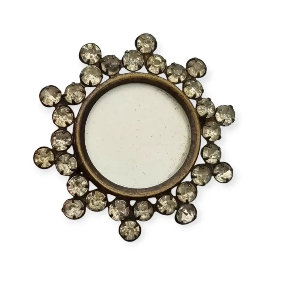 Vintage Victorian round locket brooch with white rhinestones, 1910.