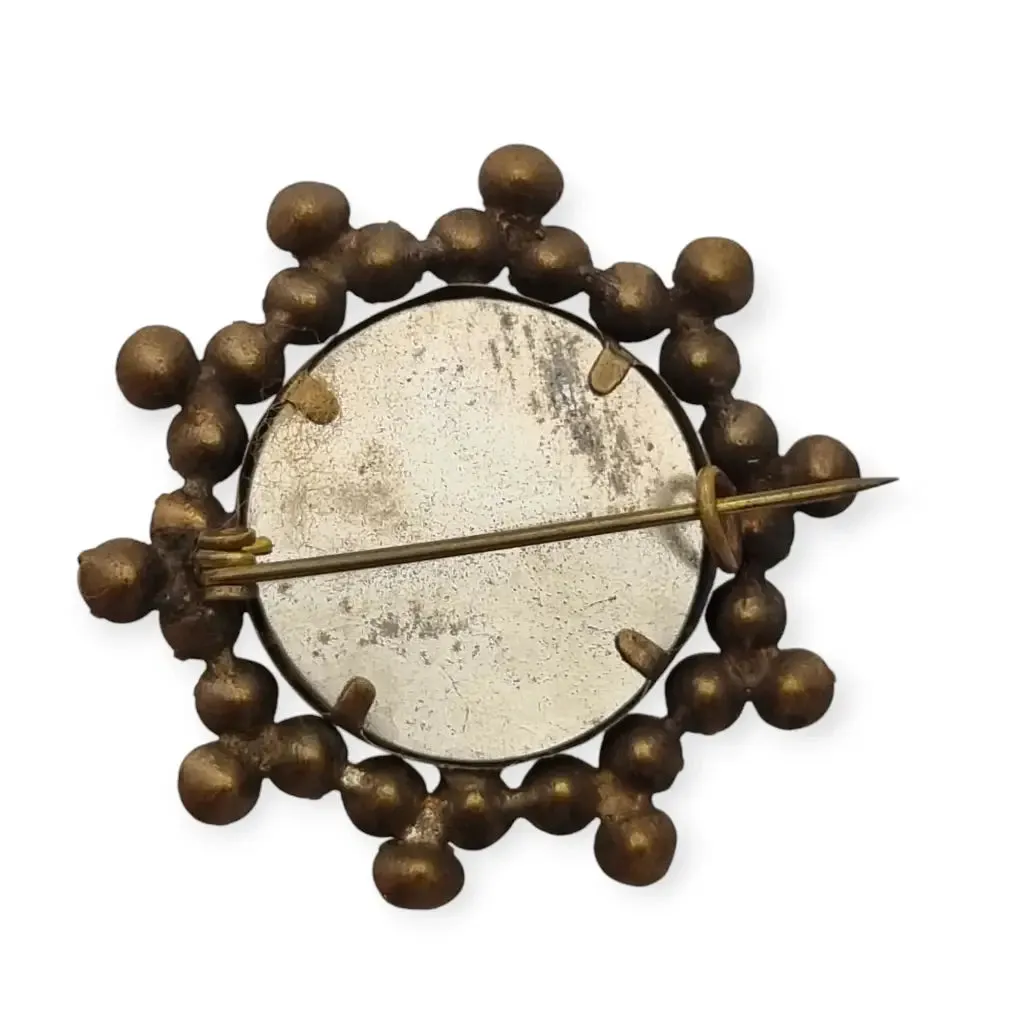 Vintage Victorian round locket brooch with white rhinestones, 1910.