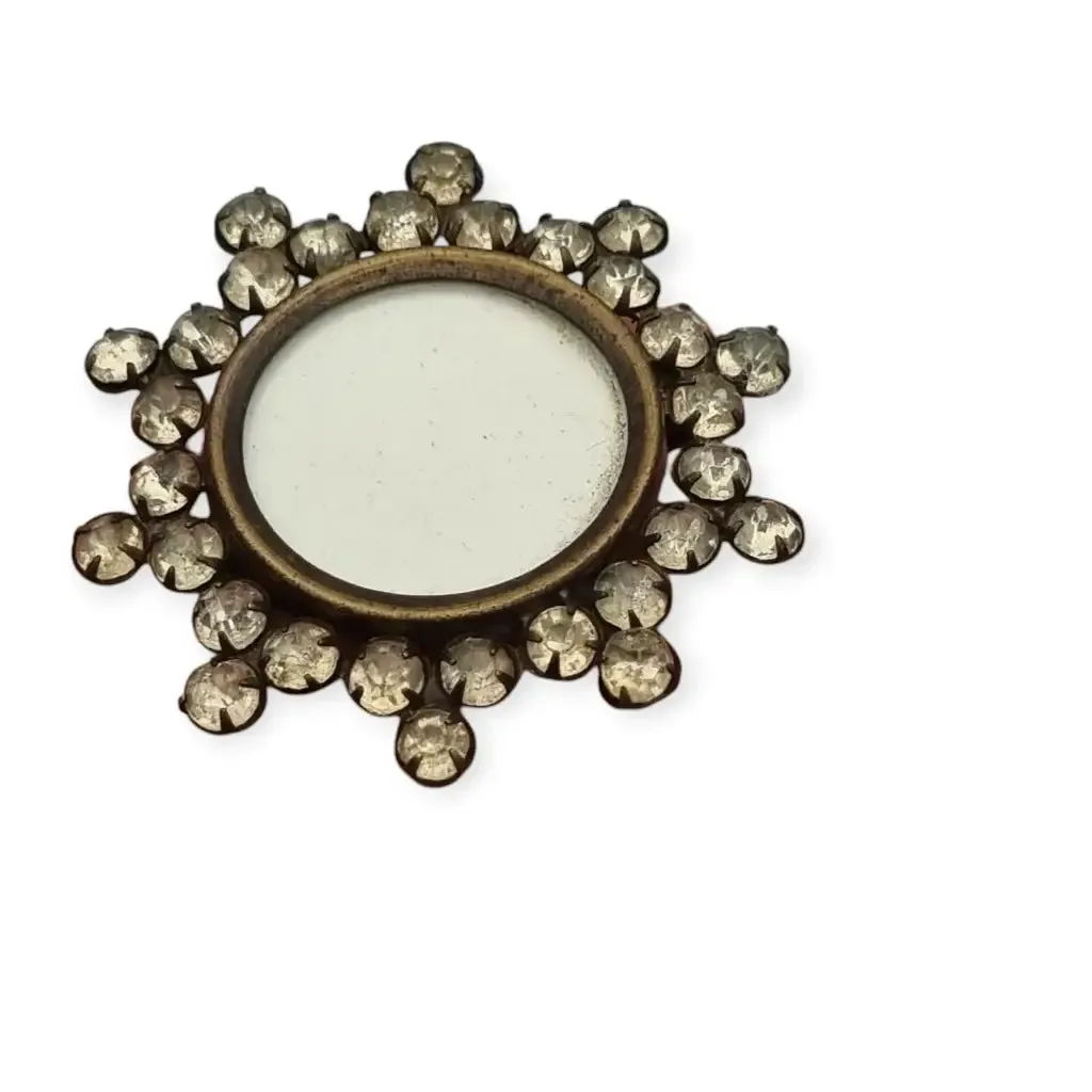 Vintage Victorian round locket brooch with white rhinestones, 1910.