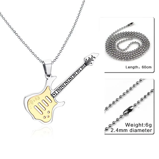 Vnox Trendy Guitar Necklace Pendant Free 24inch Chain Stainless Steel Punk Rock Music Jewelry