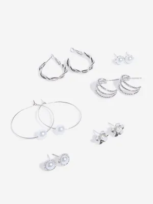 Westside Accessories Silver Pearl Studs & Hoops Earrings - Pack of 6