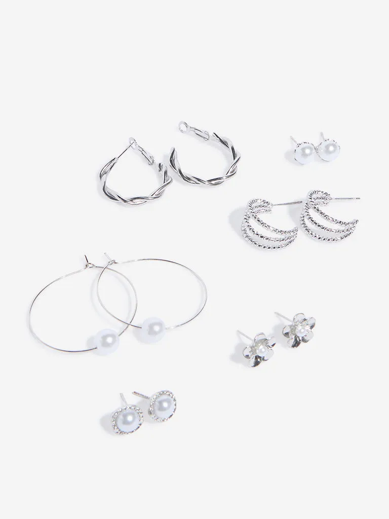 Westside Accessories Silver Pearl Studs & Hoops Earrings - Pack of 6